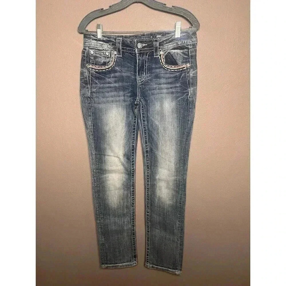 MISS ME Jeans Womens 28 30x33.5 Mid Rise Blue Distressed Denim Straight - Picture 1 of 9